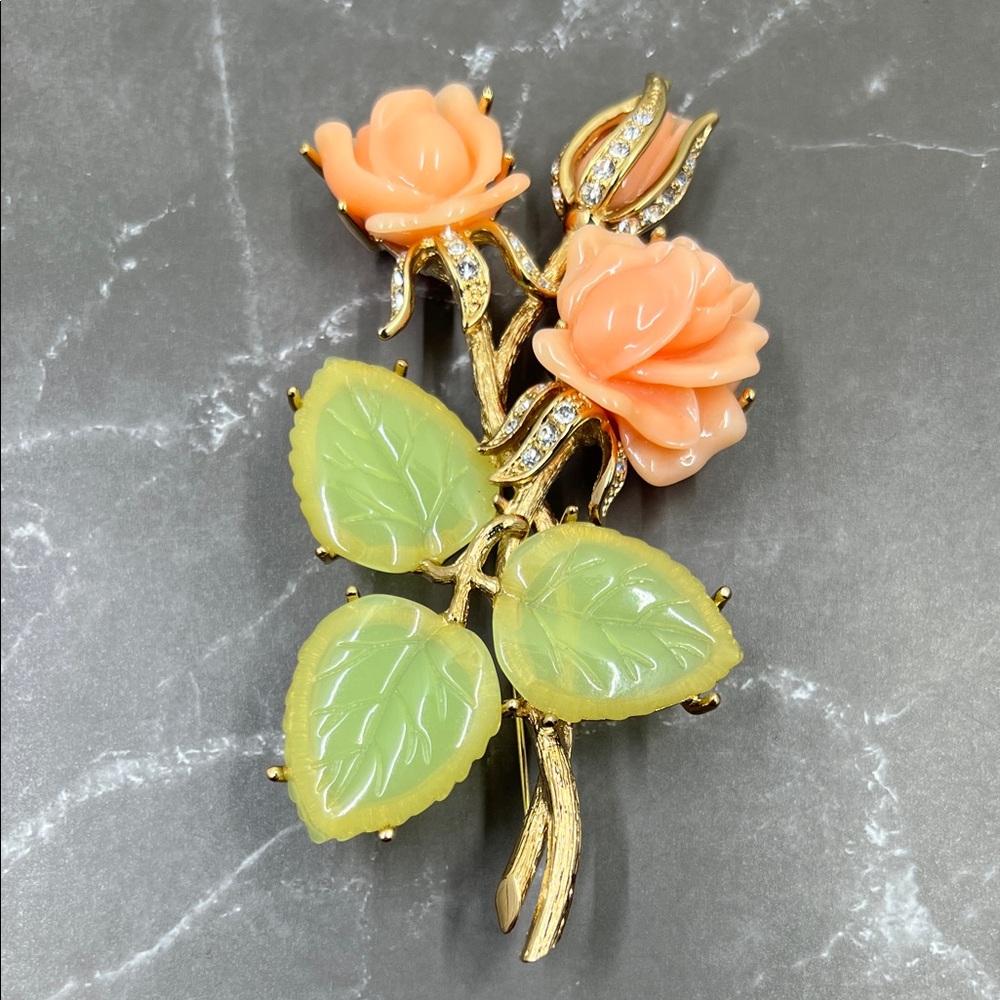 Vintage Nolan Miller Ann Margaret Faux Coral Jade Brooch Pin